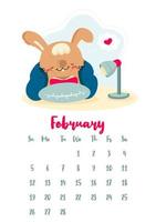 calendario vettoriale verticale per febbraio 2023 con simpatico cartone animato che legge coniglio. l'anno del coniglio secondo il calendario cinese, simbolo del 2023. la settimana inizia di domenica.