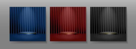 set di astratto vettoriale 3d con podio. design della collezione di piattaforme geometriche blu, rosso, nero. scena per prodotti cosmetici, vetrina, display promozionale.