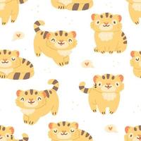 modello senza cuciture per bambini con simpatici cuccioli di tigre e cuori su sfondo bianco. sfondo di illustrazione vettoriale in colori pastello.