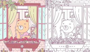 libro da colorare di cartoni animati per bambini con un gattino felice che guarda fuori dalla finestra. pagina da colorare. illustrazione vettoriale. vettore