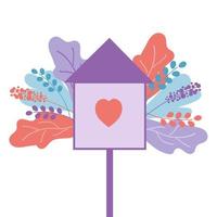 birdhouse viola tra fogliame e fiori. casa degli uccelli. elementi per cartolina o design. illustrazione piatta. vettore