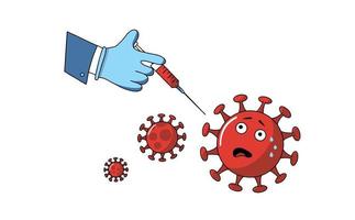 illustrazione vettoriale vaccino contro il coronavirus. fine del nuovo corona virus. Medicina del vaccino 2019-ncov. siringa per iniezione del virus corona. la mano del medico tiene una siringa puntata sulla molecola del coronavirus