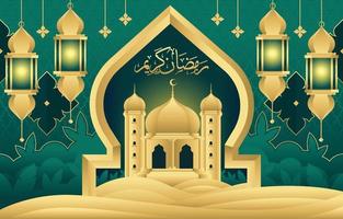 mese del ramadhan con una bellissima moschea e sfondo di lanterne vettore