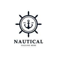 hipster retrò nautico con ancora vintage con ispirazione per il design del logo della ruota della nave e della catena circolare vettore