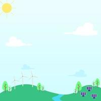 illustrazione di sfondo del concetto di energia ecologica verde vettore, paesaggio, foresta, colline, alberi con turbine eoliche e pannello solare