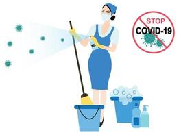 pulizie che applicano spray igienizzante igienico-sanitario per fermare l'illustrazione del vettore dell'epidemia di coronavirus covid-19