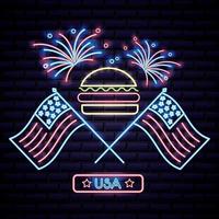 hamburger festa dell&#39;indipendenza americana con due bandiere usa e fuochi d&#39;artificio vettore