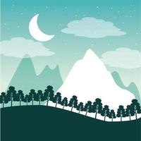 paesaggio di viaggio di viaggiare con montagne, alberi e luna vettore