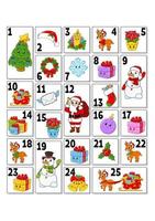 calendario dell'avvento natalizio con simpatici personaggi. Babbo Natale, cervo, pupazzo di neve, abete, fiocco di neve, regalo, pallina, calzino. stile cartone animato. con i numeri da 1 a 25. illustrazione vettoriale. preparazione delle vacanze. vettore