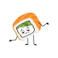 personaggio sushi con emozioni tristi, viso depresso, occhi bassi, braccia e gambe. persona con espressione malinconica, emoticon cibo asiatico. illustrazione piatta vettoriale