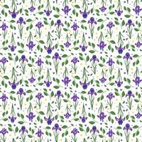 carino modello senza cuciture di fiori di iris. brillante stampa primaverile ed estiva con foglie e cuori verdi. decorazioni per le feste. illustrazione piatta vettoriale