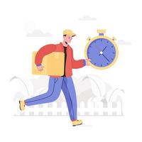 illustrazione piatta di consegna veloce, uomo con pacco e cronometro che corre per consegnare i prodotti vettore
