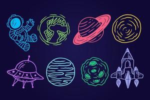 set di raccolta spazio planetario galassia pianeti astronauta cartone animato disegnato a mano colorato doodle piatto art vettore