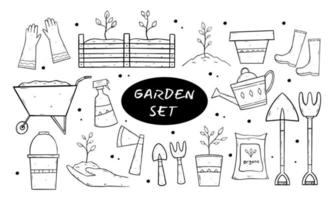 set di giardino a tema. illustrazione grafica vettoriale con doodle isolato disegnato a mano sul tema del giardino, attrezzi da giardino. schizzi per l'uso nel design
