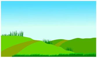 cartone animato colline verdi paesaggio, prato e sfondo del cielo vettore