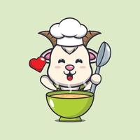 simpatico personaggio dei cartoni animati della mascotte del cuoco unico della capra con la zuppa vettore