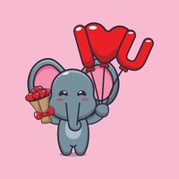 simpatico personaggio dei cartoni animati di elefante che tiene un palloncino d'amore e fiori d'amore vettore