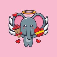 simpatico personaggio dei cartoni animati di cupido elefante che tiene un regalo d'amore e un bouquet d'amore vettore
