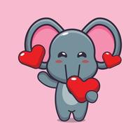 simpatico personaggio dei cartoni animati di elefante che tiene il cuore d'amore nel giorno di San Valentino vettore