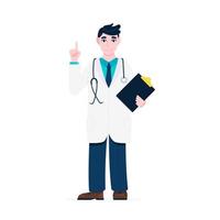 medico in piedi e tenere appunti e stetoscopio con il dito indice piatto stile design illustrazione vettoriale