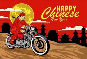 Biglietto di auguri di Capodanno cinese con uomo in abiti tradizionali in sella a moto vettore