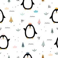 modello senza cuciture per i bambini. lo sfondo carino del pinguino ha ciuffi d'erba e non piccoli alberi alternativamente. idee di design utilizzate per la stampa, confezioni regalo, abbigliamento per bambini, tessile, illustrazione vettoriale