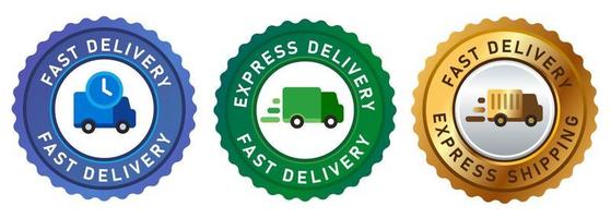 consegna veloce icona espresso furgone camion emblema timbro badge adesivo in blu verde dorato illustrazione vettoriale