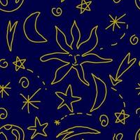 carino doodle celeste senza cuciture con stelle, sole, luna, turbinii, pianeta. sfondo di infinito magico cosmico. vettore