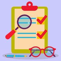analisi, verifica dei documenti. rapporto. occhiali, penna, porta documenti, distintivi piatti. vettore