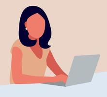 una donna con un laptop è seduta alla sua scrivania. illustrazione del concetto di lavoro, freelance, studio, istruzione, lavoro a casa. illustrazione vettoriale. vettore