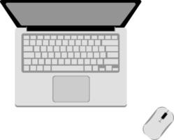 laptop e mouse per computer, vista dall'alto. scrivania, ufficio. illustrazione su sfondo bianco. vettore