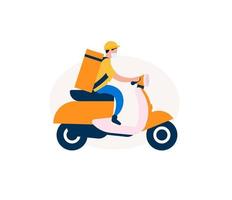 fattorino di cibo su uno scooter elettrico. corriere con sacco da mangiare su motorino. grafica per il servizio di consegna. illustrazione vettoriale