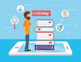 uomo con libri di istruzione e tecnologia smartphone vettore