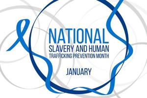 concetto di mese di prevenzione della schiavitù nazionale e della tratta di esseri umani. banner con consapevolezza e testo del nastro blu. illustrazione vettoriale. vettore