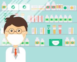 il farmacista uomo indossa la maschera in una farmacia. scaffali con sfondo di medicinali. stile vettoriale cartone animato per il tuo design.
