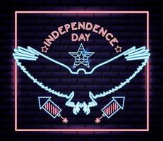 insegna al neon della festa dell&#39;indipendenza americana con aquila e petardi vettore