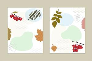 set di carte, inviti. grappoli di bacche rosse. foglie stilizzate di vari alberi. forme geometriche astratte vettore