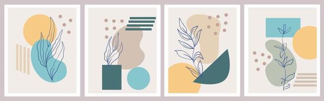 una serie di poster creativi. sfondo astratto moderno in colori pastello. forme geometriche minimali, elementi botanici di piante e fiori, line art vettore
