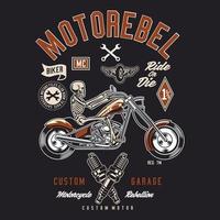 scheletro in sella a motorebel, motociclista garage personalizzato vettore