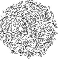 girasoli, fiori di campo, foglie e bacche. composizione botanica. disegno a mano vettoriale, linea arte. pagina da colorare per adulti e bambini vettore