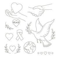 set di icone a linea piatta, icone di contorno di pace. stretta di mano, piccione, ramo, cuore.