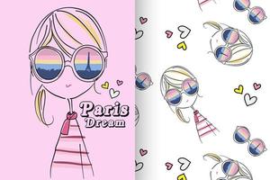 Ragazza carina disegnata a mano con set di pattern vettore