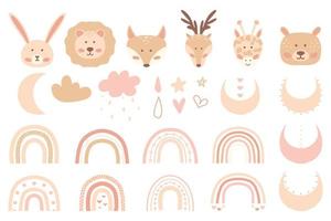 set disegnato a mano per bambini di arcobaleni, animali, stelle, luna, cuori. simpatico set di clip art in stile boho per bambini. collezione in colori pastello. illustrazione vettoriale. vettore