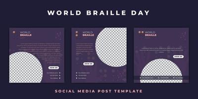 modello di giornata mondiale in braille con sfondo a pois viola. progettazione del modello di post sui social media. vettore