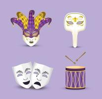 set maschere mardi gras con cappello joker e tamburo vettore