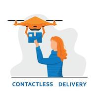 concetto di consegna con drone. ragazza dai capelli rossi tende le mani a un quadricottero vettore