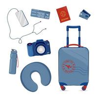 set di simboli di viaggio.. valigia con passaporto, biglietti d'imbarco, cuscino da viaggio, ecc vettore