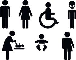 set di icone del segno di wc. illustrazione vettoriale su sfondo bianco. simboli da toilette divertenti e unisex