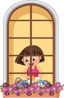 vista attraverso la finestra di un personaggio dei cartoni animati di una ragazza vettore
