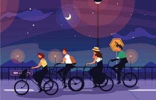 gente che va in bici di notte vettore